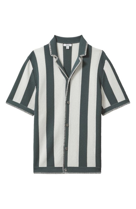 Shop Reiss Naxos Open Knit Camp Shirt In Argento/ Optic White