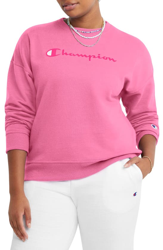 Champion Women's Logo Fleece Crewneck Sweatshirt In Pink Ribbon