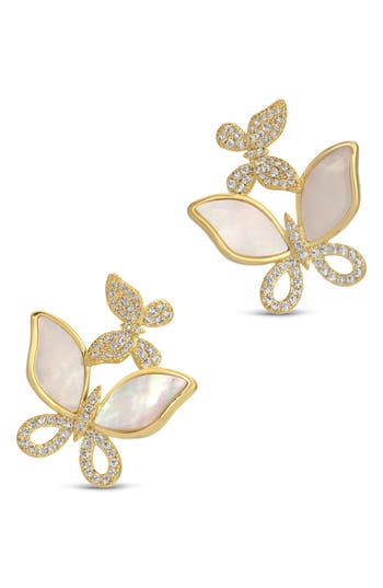 Eye Candy Los Angeles Ariel Cubic Zirconia & Mother-of-pearl Butterfly Stud Earrings In Gold