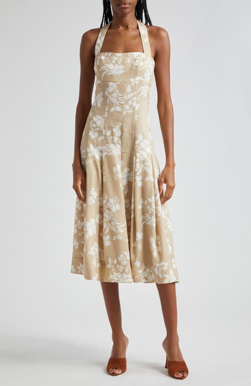 Shop Veronica Beard Amalia Floral Cotton Blend Halter Dress In Stone Khaki/off White