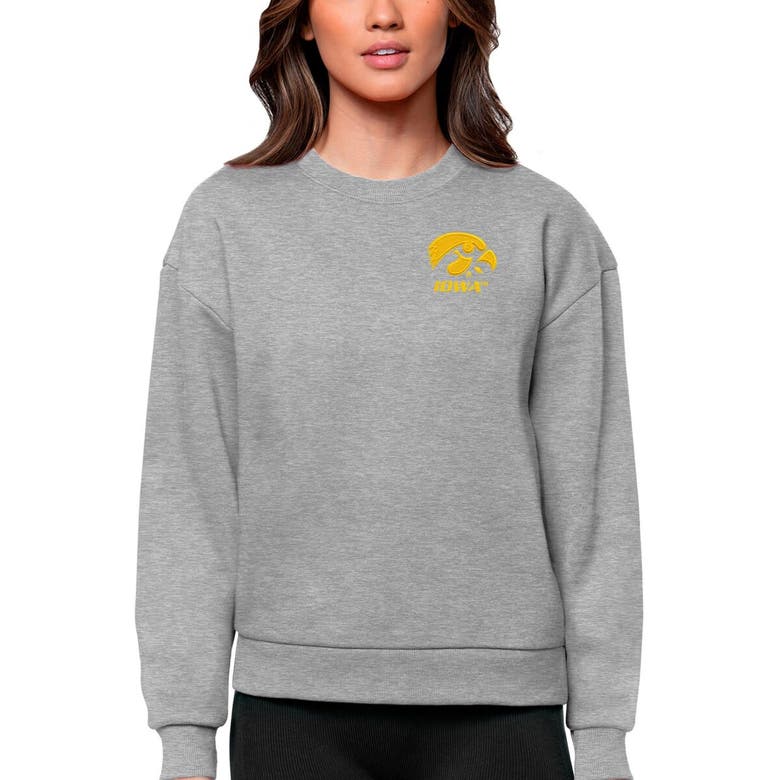 Shop Antigua Heather Gray Iowa Hawkeyes Logo Victory Crewneck Pullover Sweatshirt