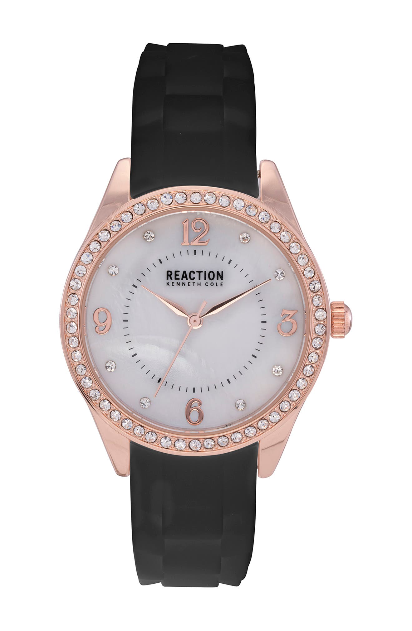 Kenneth Cole Reaction Reaction 3 Hands Mother Of Pearl Light Dial Silicone Watch, 36mm In Black