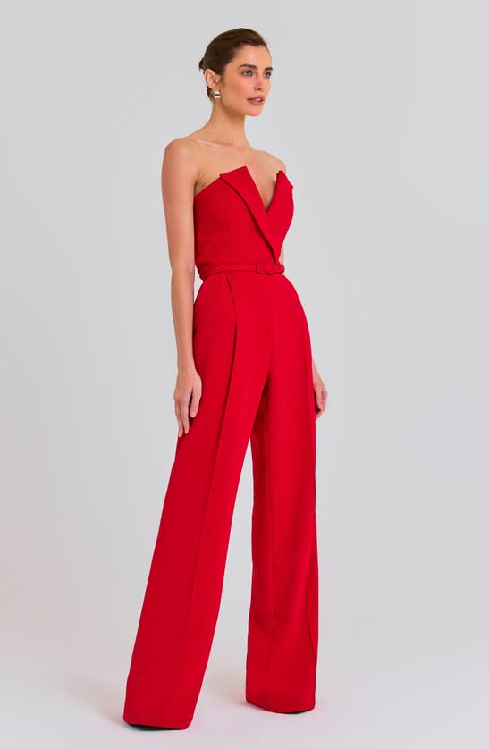 Shop Nadine Merabi Tuxedo Belted Strapless Wide Leg Jumpsuit In Red
