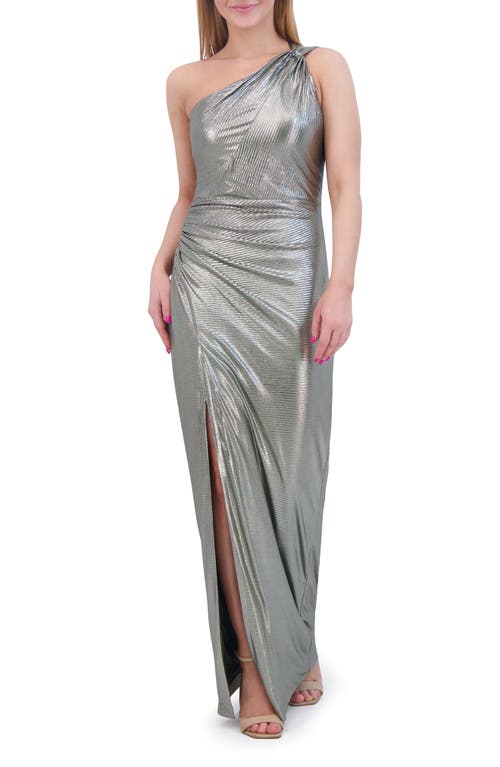 Shop Vince Camuto Metallic One-shoulder Body-con Gown In Olive