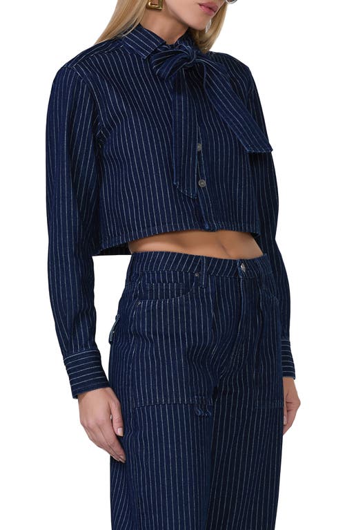 Shop Afrm Cece Pinstripe Crop Denim Jacket In Dark Wash