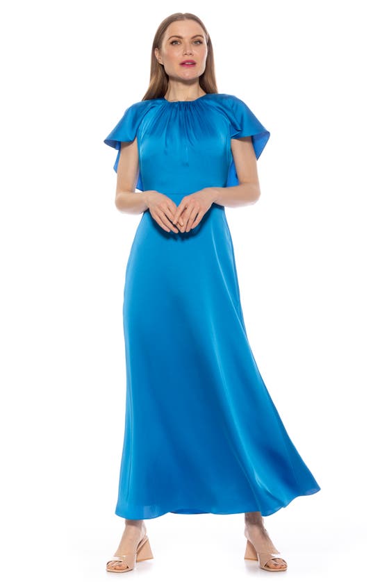 Shop Alexia Admor Danica Capelet Sleeve Satin Maxi Dress In Cerulean