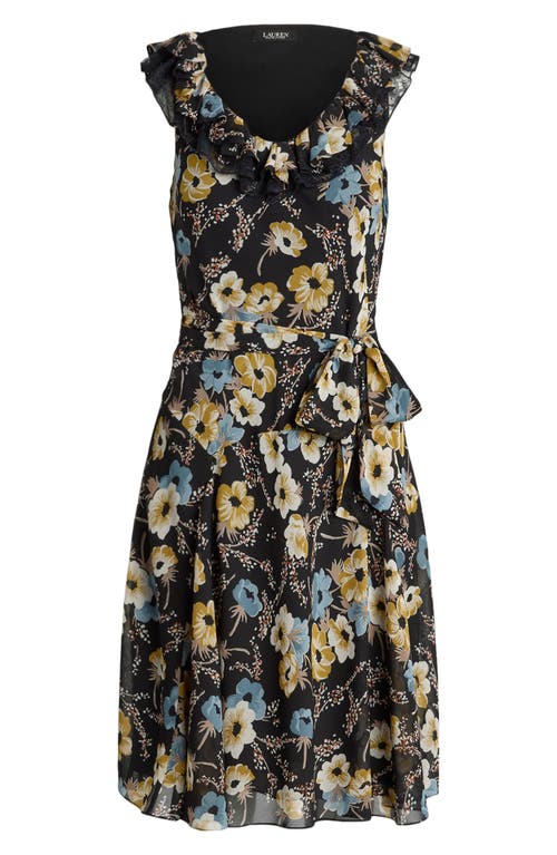 Shop Lauren Ralph Lauren Floral Belted Crinkle Georgette Dress In Black Multi