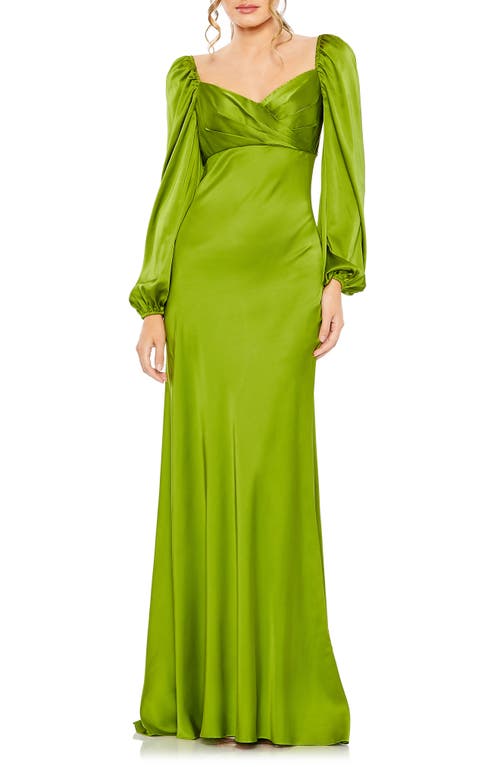 Ieena for Mac Duggal Queen Anne Neck Long Sleeve Satin Gown in Apple Green