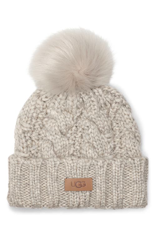 UGG(R) Cable Knit Beanie with Faux Fur Pom in Light Grey