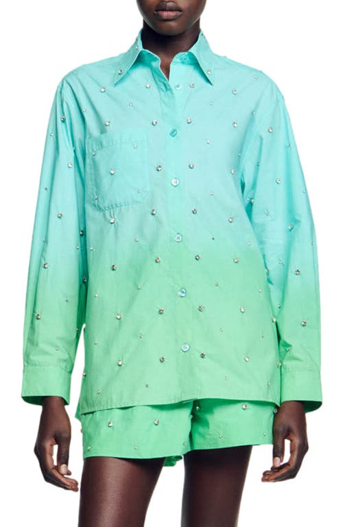 Aricie Ombré Rhinestone Embellished Cotton Button-Up Shirt in Blue Green