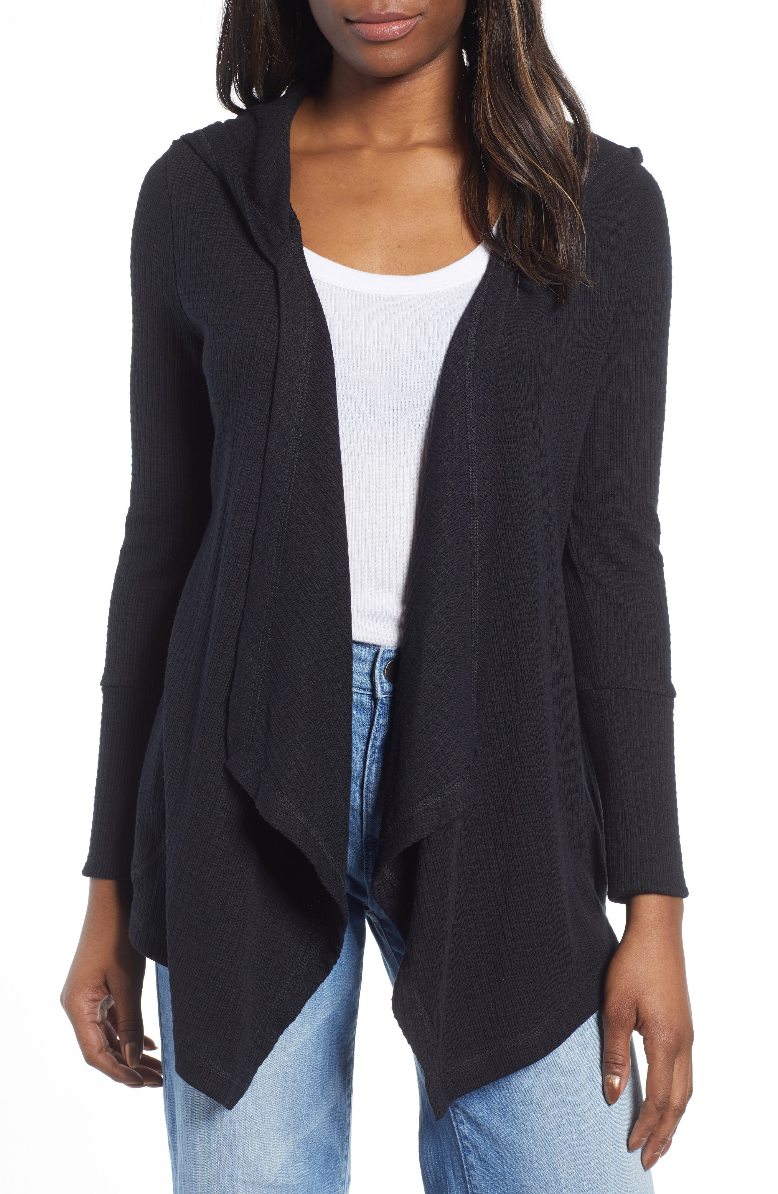 Petite Caslon Off Duty Waffle Cardigan, Black