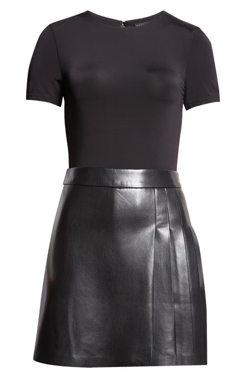 Alice And Olivia Chara Vegan Leather Short-sleeve Pleated Mini Dress In Black