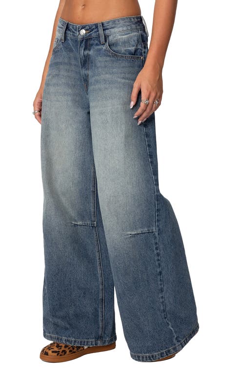 Shop Edikted Skater Low Rise Nonstretch Wide Leg Jeans In Blue-washed