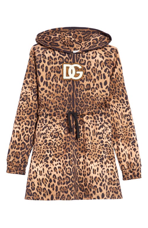 Dolce & Gabbana Kids' Leopard Print DG Logo Long Sleeve Hoodie Dress Hk93M Leo Fdo Nocciola at Nordstrom,