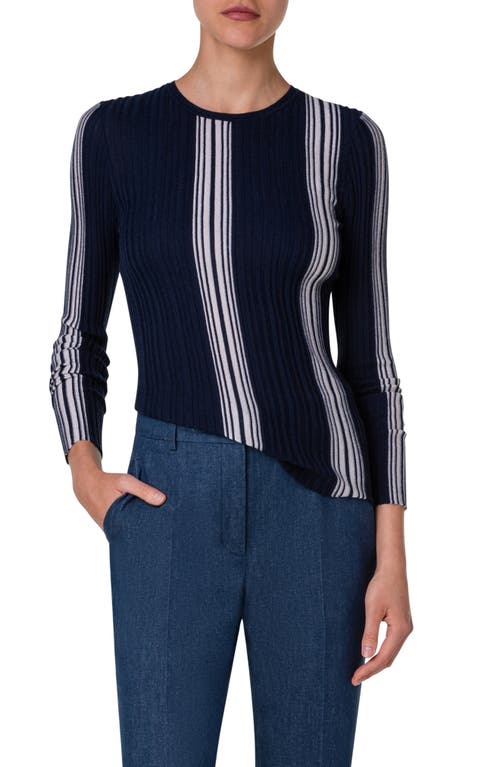 Akris Stripe Virgin Wool & Silk Rib Sweater 713 Navy-Greige at Nordstrom,