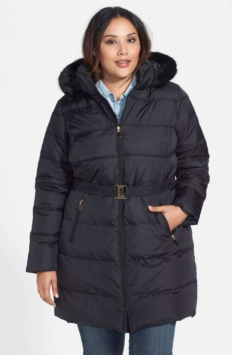 T Tahari Belted Down & Feather Coat with Faux Fur Trim (Plus Size ...