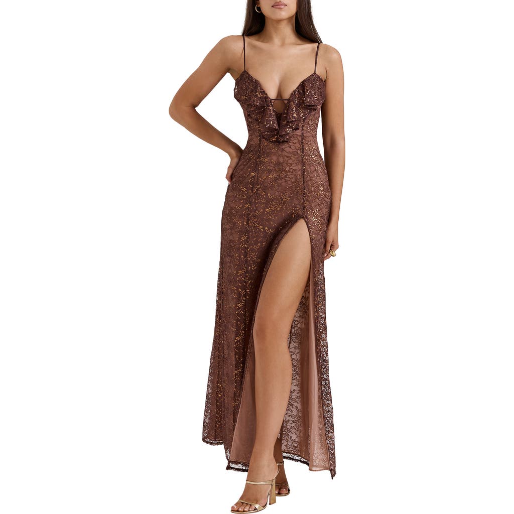 House Of Cb Lucianna Metallic Lace Sleeveless Gown In Peppercorn