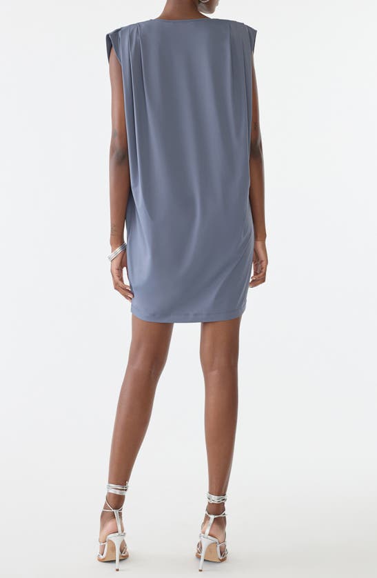 Shop Gstq Pleated Padded Shoulder Shift Dress In Slate Grey