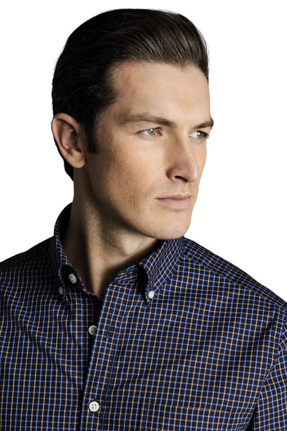 Charles Tyrwhitt Slim Fit Button-down Collar Non-iron Stretch Poplin Check Shirt In Gold