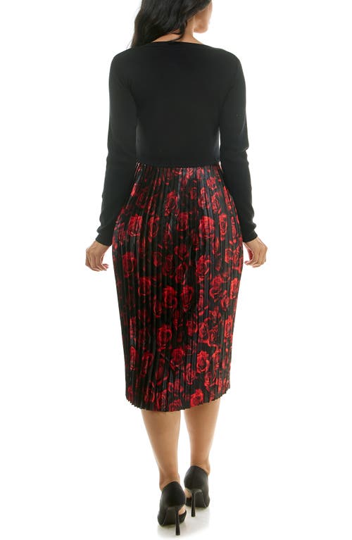 Nina Leonard Long Sleeve Mixed Media Dress In Red Multi