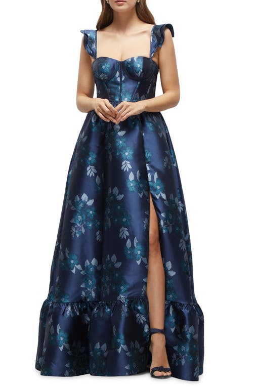 Shop Dessy Collection Baroque Rose Structured Bodice Gown In Midnight Navy Damask