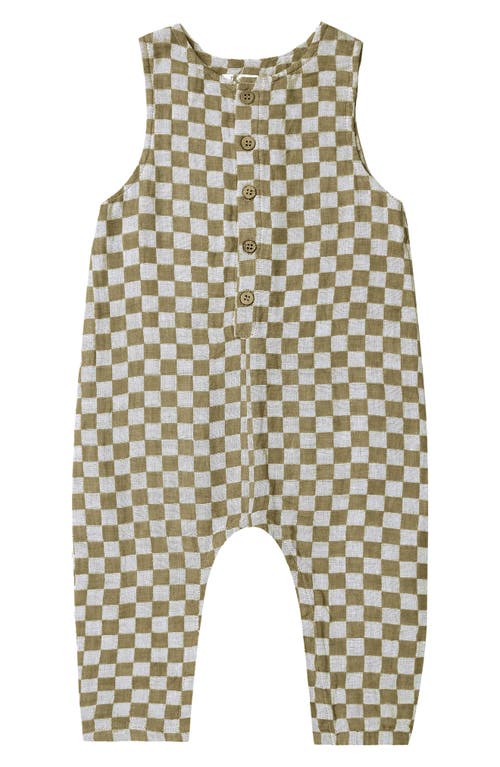 Rylee + Cru Button Linen & Cotton Romper in Olive-Check