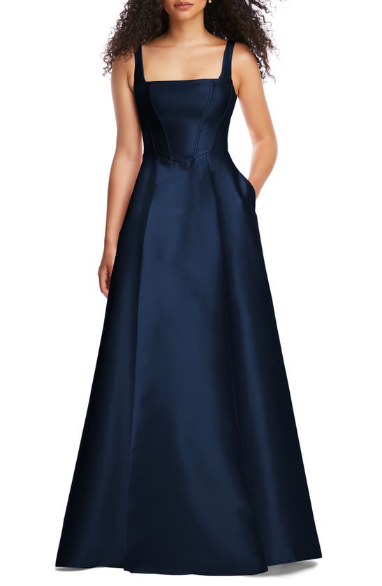 Alfred Sung Corset Satin Gown In Midnight
