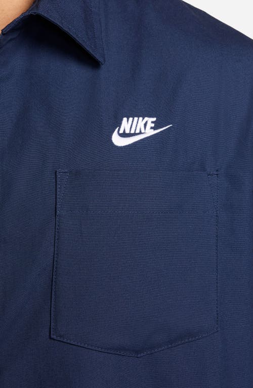 Shop Nike Club Venice Short Sleeve Drawstring Hem Cotton Button-up Shirt In Midnight Navy/white