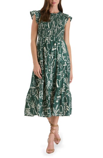 Shop August Sky Smocked Midi Dress In Hunter Green