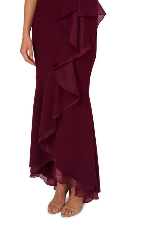 Shop Adrianna Papell Ruffle Crepe High-low Gown In Cabernet