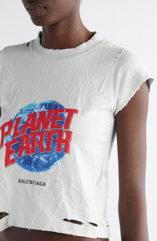 Shop Balenciaga Planet Earth Distressed Crop Stretch Cotton Graphic T-shirt In 9012 Dirty White