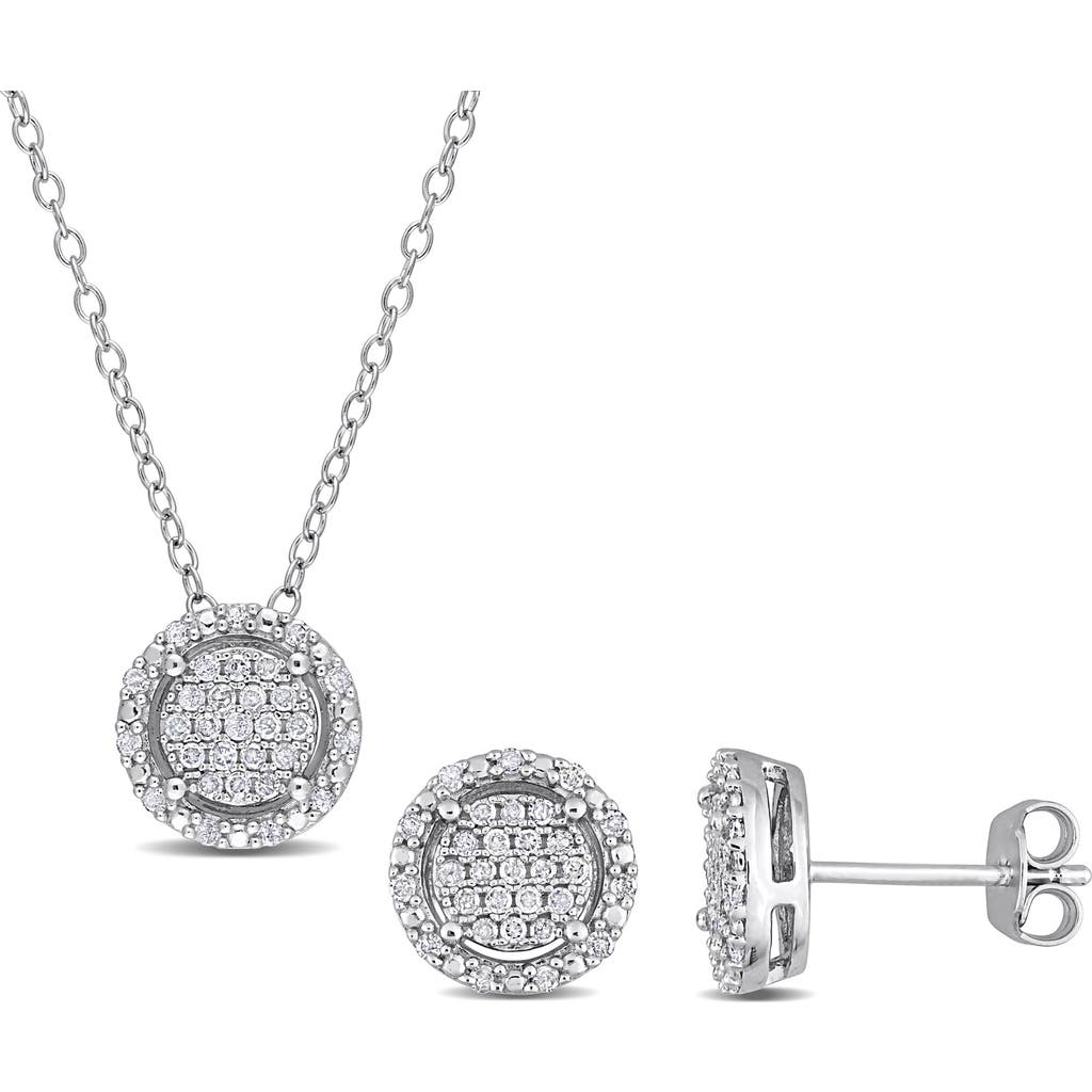 Delmar Diamond Halo Pendant Necklace & Stud Earrings Set In White