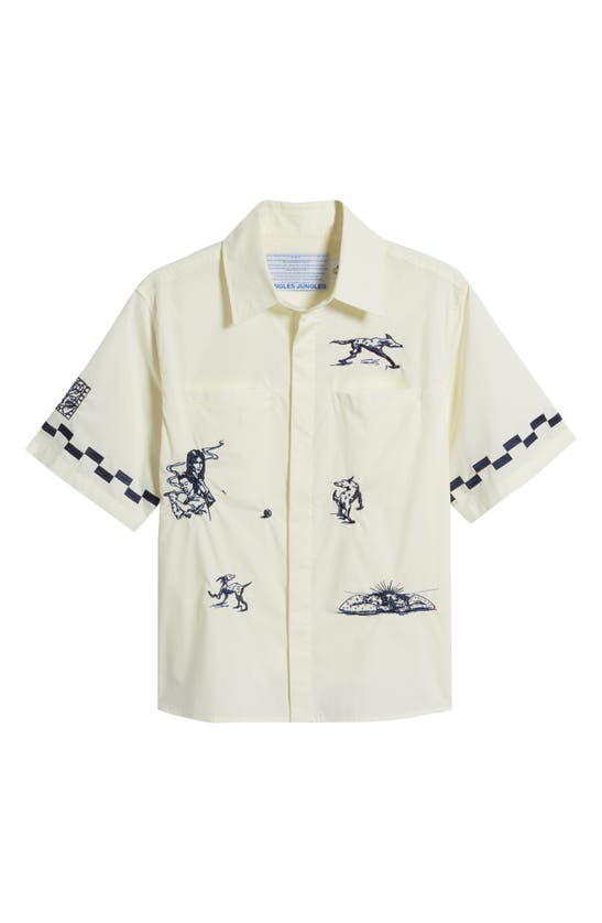 Shop Jungles Live Your Life Embroidered Short Sleeve Cotton Button-up Shirt In Birch