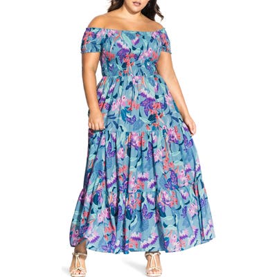 Plus Size Chic City Mystery Floral Off-The Shoulder Maxi Dress, Blue