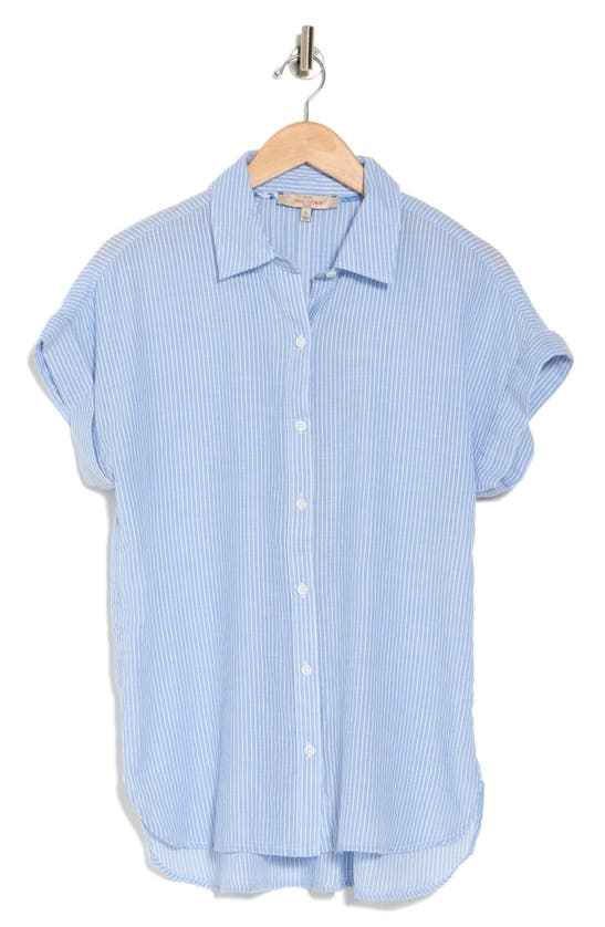 Casa Cabana Sammie Dobby Stripe Short Sleeve Button-up Tunic Shirt In Spring Blue