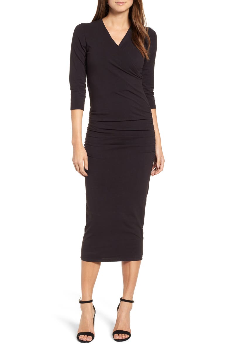 MICHAEL STARS Ruched Surplice Stretch Cotton Body-Con Dress, Main, color, Black