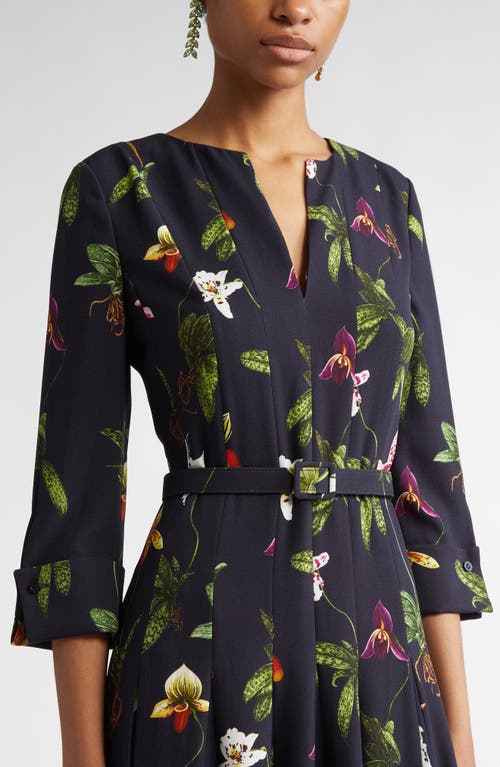 Shop Oscar De La Renta Orchid Print Chiffon Inset Cady Dress In Navy Multi