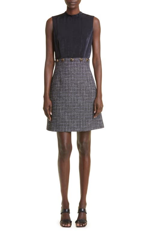 St. John Collection Sleeveless Velvet & Check Bouclette Tweed Sheath Dress in Navy/Moss/Ecru