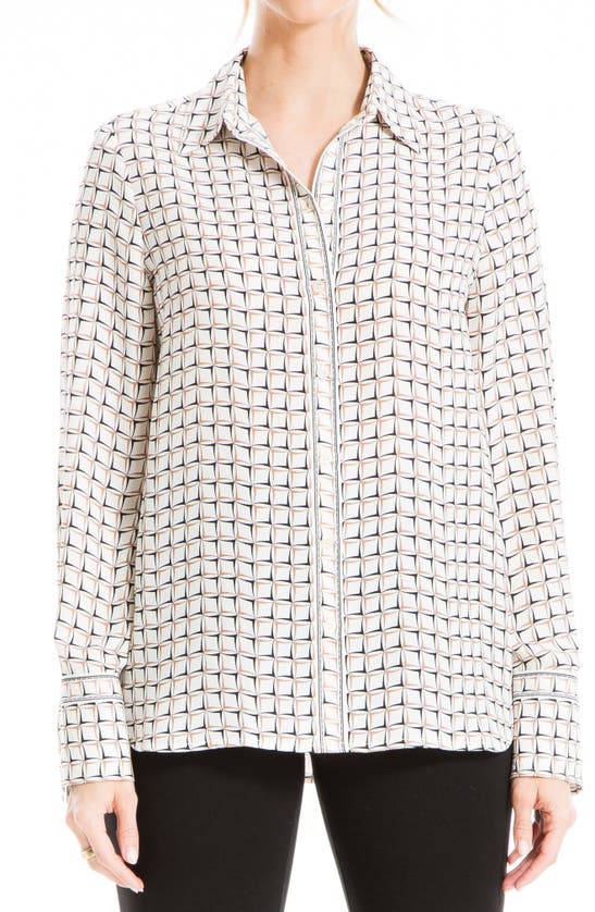 Max Studio Printed Long Sleeve Button-up Shirt In Crm/ Cml Dgnl Dmnd