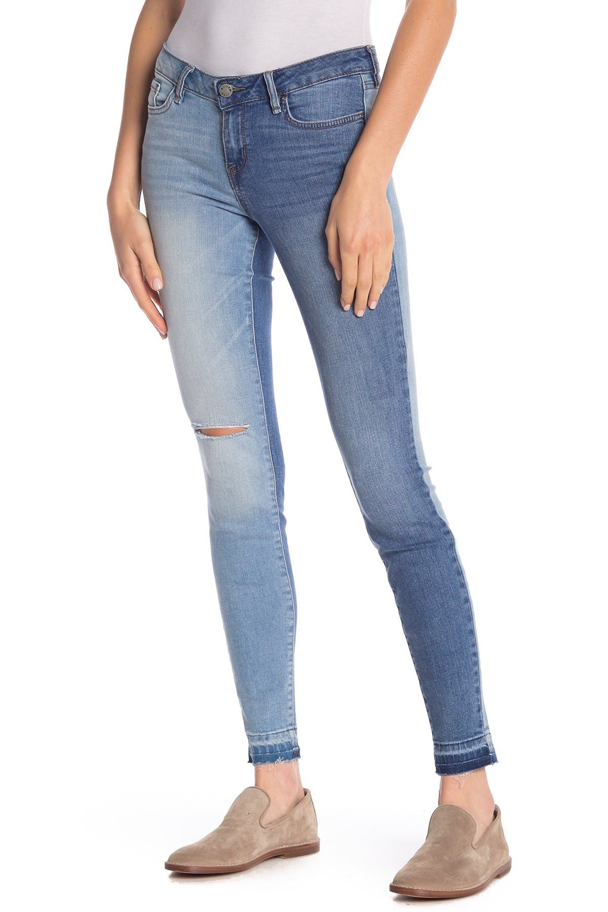 distressed hem skinny jeans