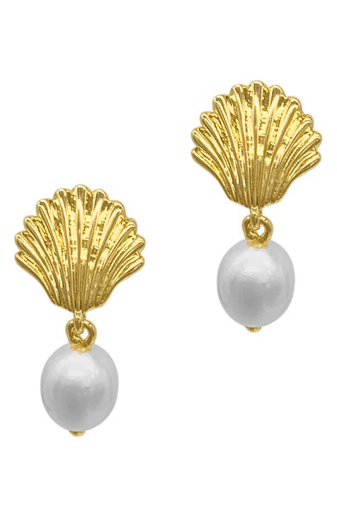 14K Gold Plated Seashell 10mm Pearl Drop Earrings