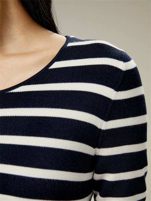 Lilysilk Silk Striped Cropped Knit Top In Navy Blue And White Stripes
