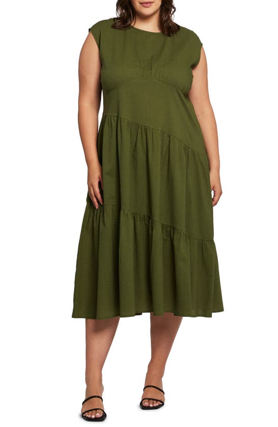 Estelle Costa Del Sol Asymmetric Tiered Cotton Dress In Green