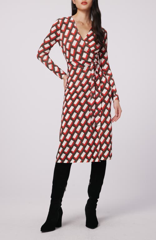 DVF Luella Geo Print Long Sleeve Merino Wool Blend Wrap Dress in Blocks Red Med 