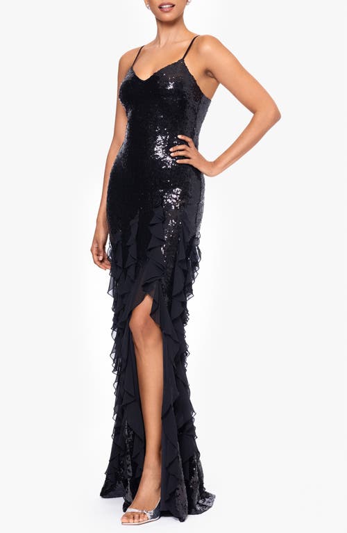 Betsy & Adam Sequin & Ruffle Gown In Black