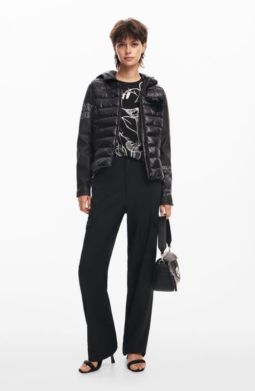Desigual Mickey Mouse Mixed Media Puffer Coat In Black