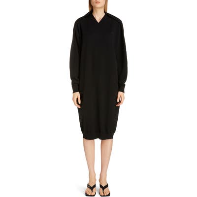 Balenciaga Logo Embroidered Pinched Long Sleeve Wool Blend Sweater Dress, Black