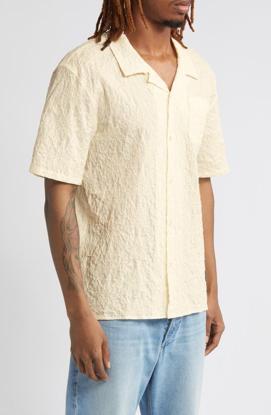 Shop Afield Out Textured Floral Short Sleeve Cotton Button-up Shirt In Bone