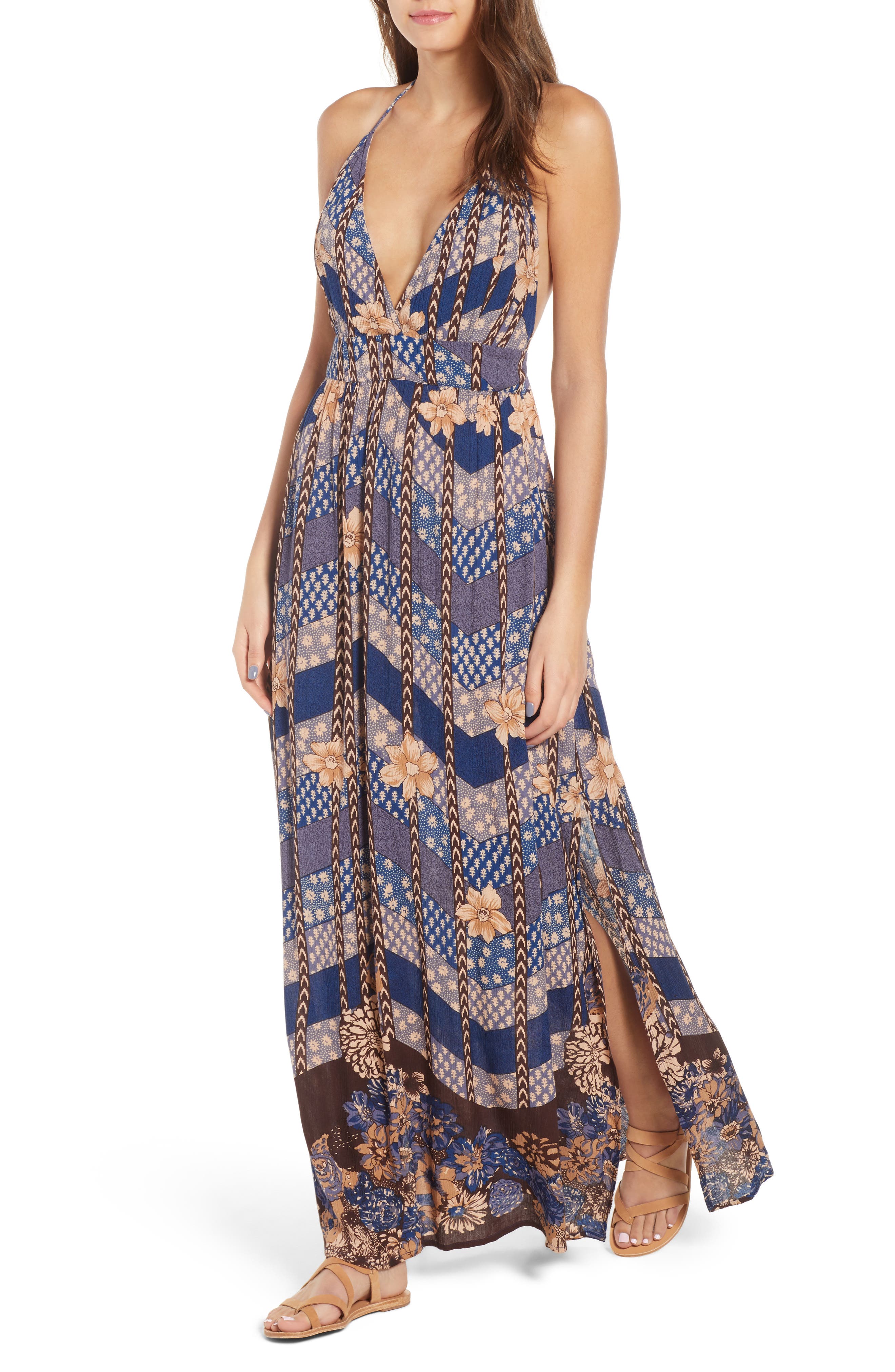 annalisa blue multi floral print halter maxi dress