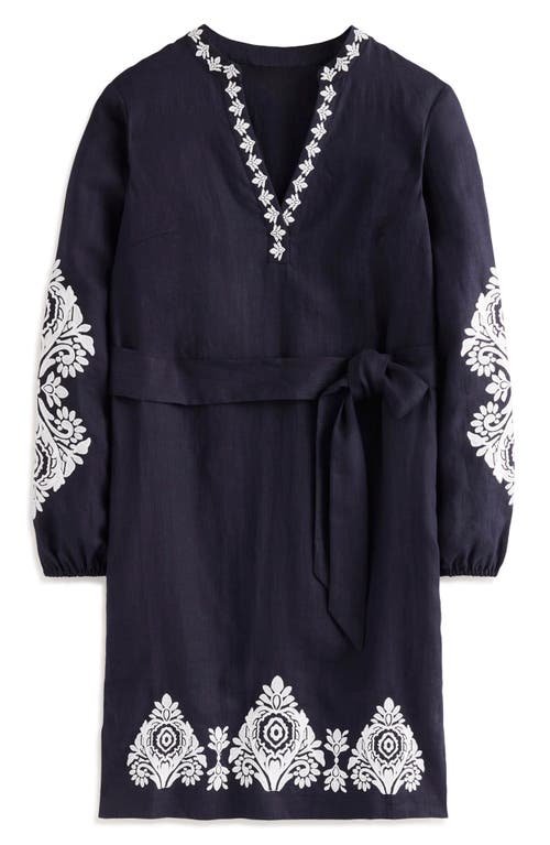 Cleo Embroidered Long Sleeve Linen Dress in Navy White